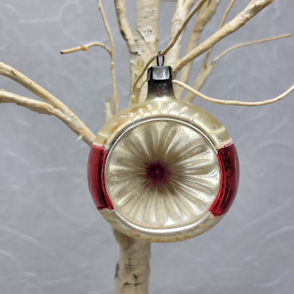1930s Antique Glass Indent Reflector Ornament 2.5" Red Starburst Vintage